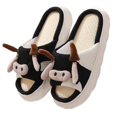 Stone mice Women's cow slippers, cute cartoon frog slippers, all season indoor silent linen slippers (Black cattle, Adult, Women, 11, Numeric Range, US Footwear Size System, 12, Medium)