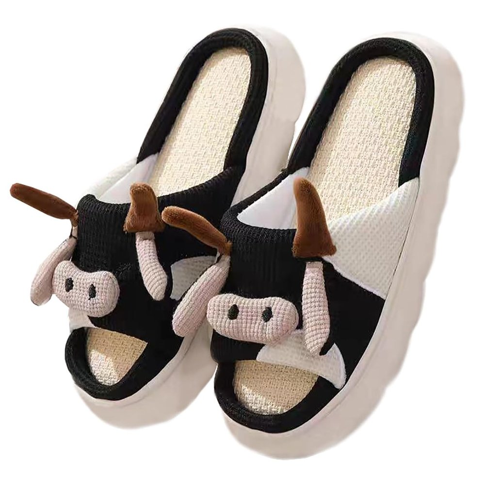 Stone mice Women's cow slippers, cute cartoon frog slippers, all season indoor silent linen slippers (Black cattle, Adult, Women, 11, Numeric Range, US Footwear Size System, 12, Medium)