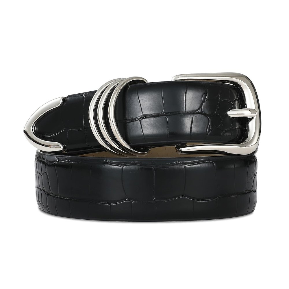 RISANTRY Women's Leather Alligator Belts for Jeans Dresses, Crocodile Print Leather Waist Belt Fashion Ladies Belts with Sliver Buckle