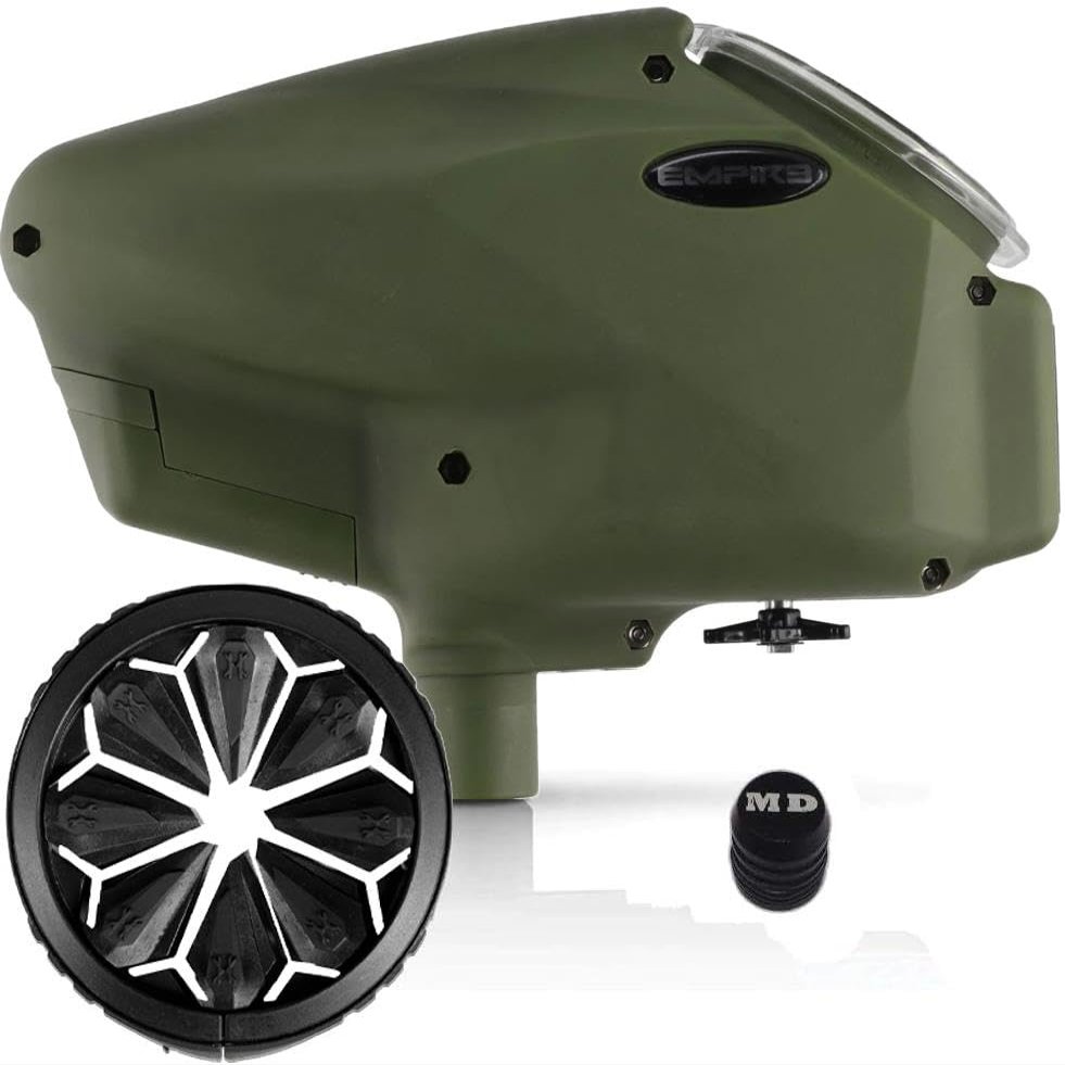 Maddog Empire Halo Too Automatic Electronic Paintball Loader with HK Army Epic Speed Feed and HPA Paintball Tank Fill Nipple Protector Accessory Package - Matte Olive w/Blackout SF