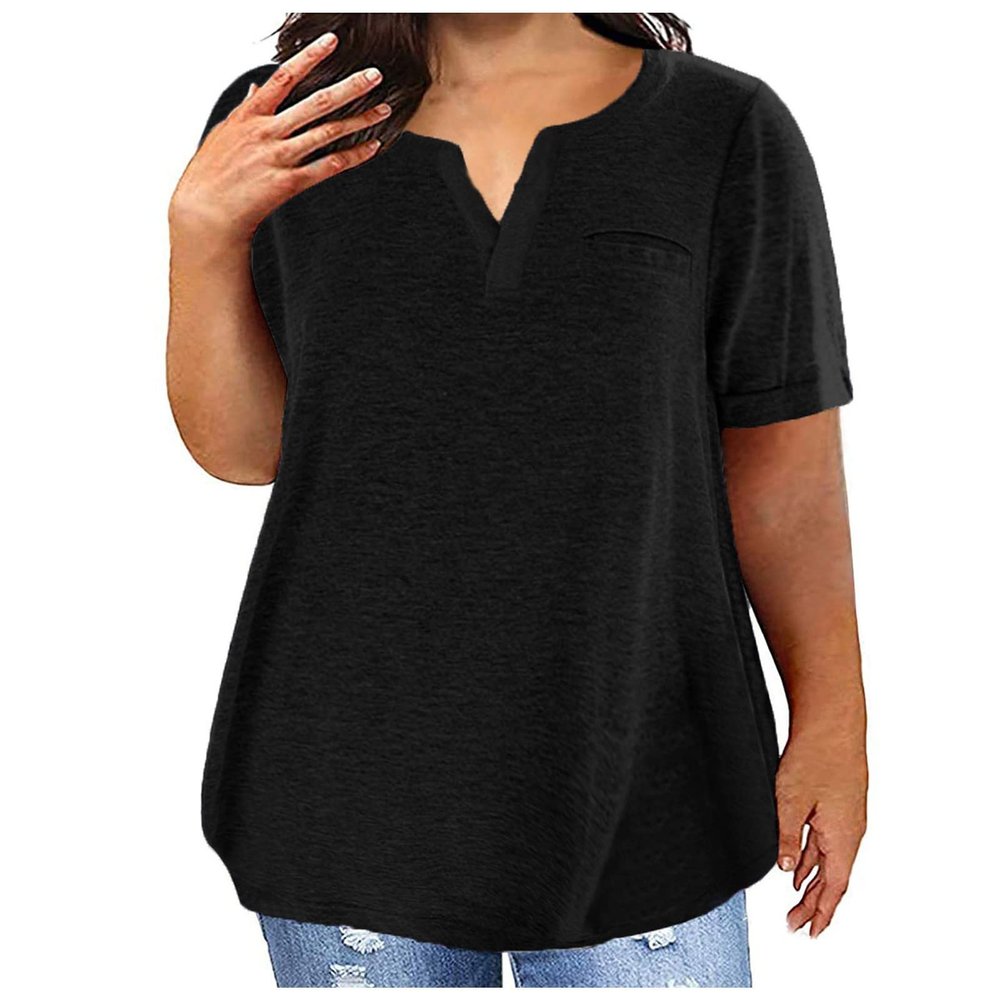 1/2 Sleeve Tops for Women Plus Size Tops for Women Trendy 2024 Casual Loose Short Sleeve Notch v Neck Shirts Solid Comfy Blouses with Pockets Western Tops for Women Black 3X