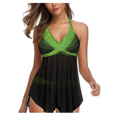 Swim Dress for Women with Swim Shorts Modest Mesh Flowy Floral Swimwear 2 Piece Tankini Swimsuits Halter Bathing Suit Green