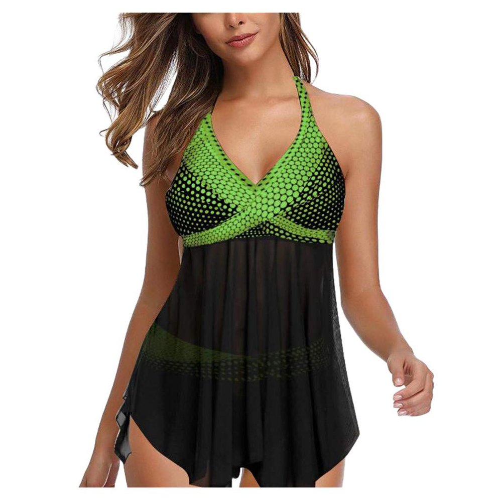 Swim Dress for Women with Swim Shorts Modest Mesh Flowy Floral Swimwear 2 Piece Tankini Swimsuits Halter Bathing Suit Green
