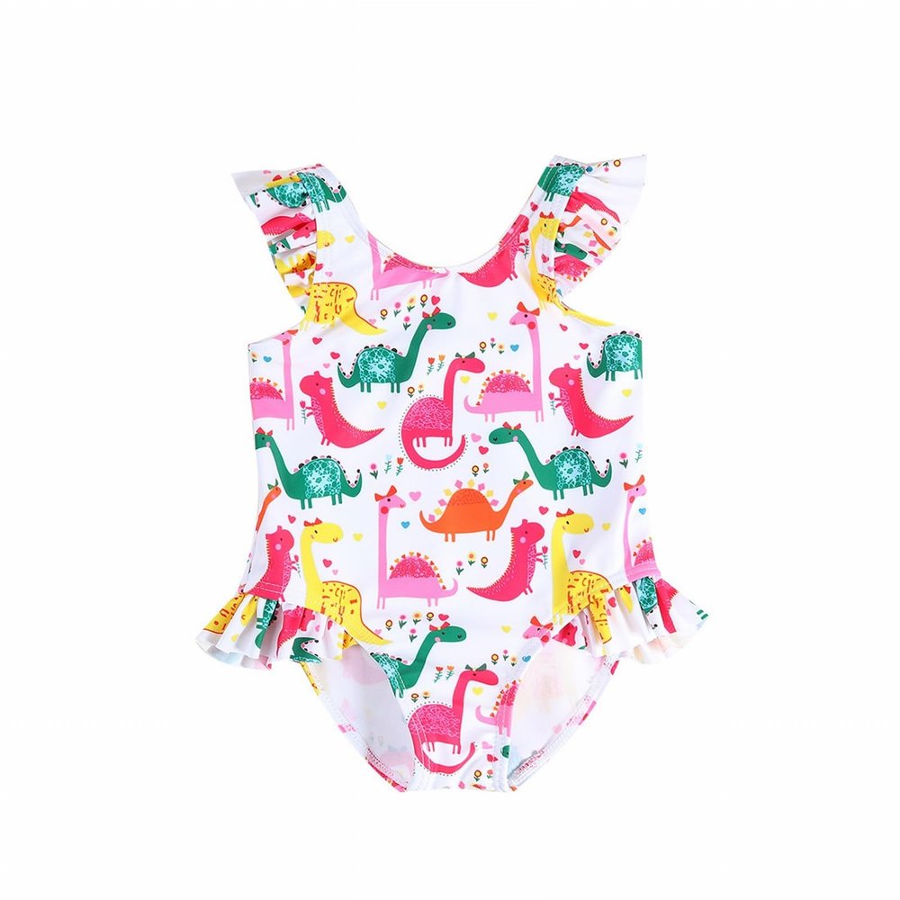 Egmy Toddler Baby Girl Floral Print Cartoon Dinosaur Shoulder Straps Swimsuit Sleeveless Ruffles (Pink, 2-3 Years)