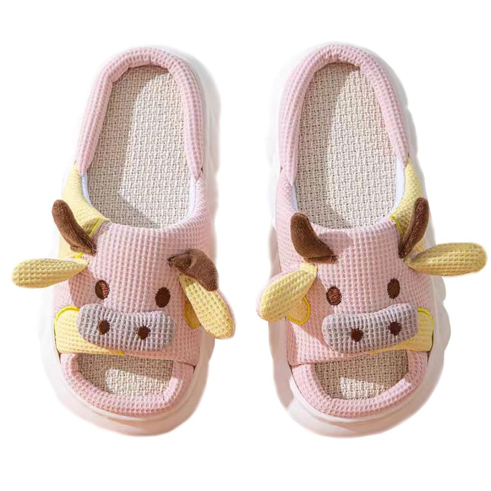 Stone mice Women's cow slippers, cute cartoon frog slippers, all season indoor silent linen slippers (Pink, Adult, Women, 5, Numeric Range, US Footwear Size System, 6, Medium)