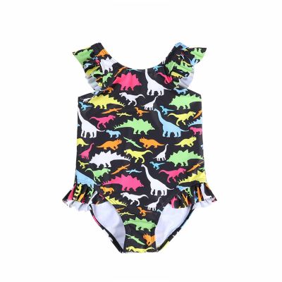 Egmy Toddler Baby Girl Cartoon Dinosaur Floral Print Shoulder Straps Swimsuit Sleeveless Ruffles (Black, 18-24 Months)