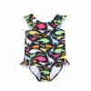 Egmy Toddler Baby Girl Cartoon Dinosaur Floral Print Shoulder Straps Swimsuit Sleeveless Ruffles (Black, 18-24 Months) view 1