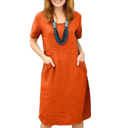 Akivide Womens Cotton Linen Midi Dress with Pockets Loose Crewneck Short Sleeve Knee Length Dress Solid Summer Beach Dress