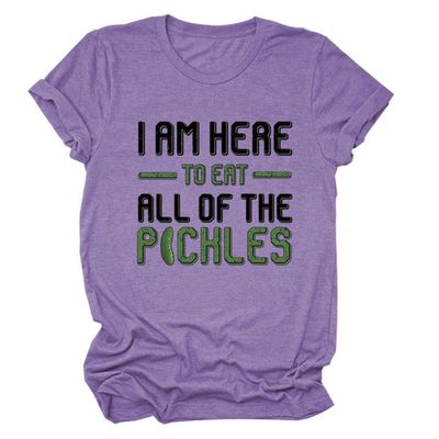 ZLXBLYYMZ Pickle Lover Shirt for Women Funny Saying Graphic Tees Round Neck Short Sleeve Novelty T-Shirt Casual Tops Purple, Large