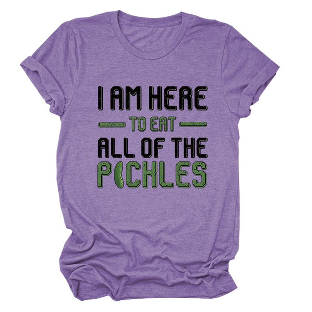 ZLXBLYYMZ Pickle Lover Shirt for Women Funny Saying Graphic Tees Round Neck Short Sleeve Novelty T-Shirt Casual Tops Purple, Large