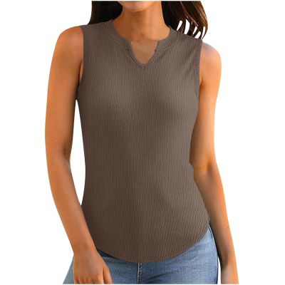 2024 2024 Summer Women Tank Tops Knit Ribbed Camis Slim Fit Camisole Sleeveless Tops Notch V-Neck Tee Shirt Tunic Blouse Brown
