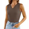 2024 2024 Summer Women Tank Tops Knit Ribbed Camis Slim Fit Camisole Sleeveless Tops Notch V-Neck Tee Shirt Tunic Blouse Brown view 2