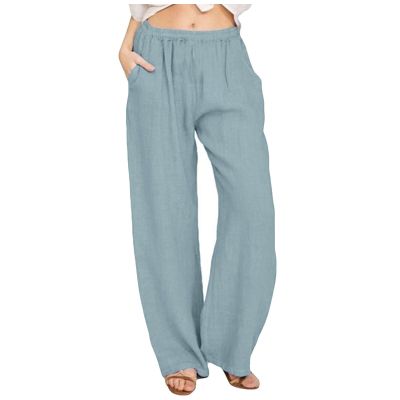 Linen Pants Women 2024 Summer Trendy Casual Wide Leg Pant Smocked High Waisted Palazzo Beach Pants with Pockets Boho Wide Leg High Waist Casual Lounge Pant