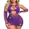 Avidlove Fishnet Lingerie Womens Mesh Chemise One Piece Babydoll Mini Dress Lace Sparkle Rhinestone Lingeries for Women Purple view 1