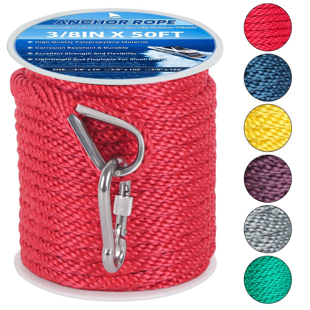 Anchor Rope 50FT x 3/8in,Premium Solid MFP Braided Boat Rope with Stainless Steel Thimble & Snap Hook,Ideal for Boating, Anchoring, Docking, Hauling,Sailing,Red