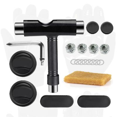 WENGINS Skate Tool All-in-1, Abrasive Cleaning Cube, Skate Tools with T-Type Allen Key and L-Type Phillips Head Wrench Screwdriver and Replacement Longboard Gloves Brake Block Set (Black Tools)