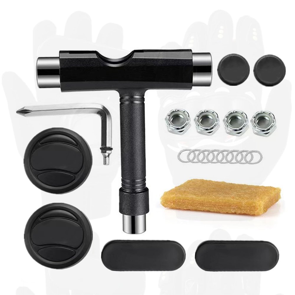 WENGINS Skate Tool All-in-1, Abrasive Cleaning Cube, Skate Tools with T-Type Allen Key and L-Type Phillips Head Wrench Screwdriver and Replacement Longboard Gloves Brake Block Set (Black Tools)
