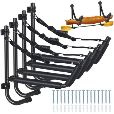 BALAVA Kayak Storage Rack,Kayak Wall Mount,Heavy Duty Kayak Racks for Garage,Folding Kayak Hanger Kayak Hook With Paddle Rack Fixing Strap for Kayaks,Paddle Boards,Surfboards,Snowboards(Black,4pack)