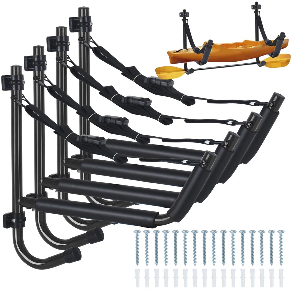 BALAVA Kayak Storage Rack,Kayak Wall Mount,Heavy Duty Kayak Racks for Garage,Folding Kayak Hanger Kayak Hook With Paddle Rack Fixing Strap for Kayaks,Paddle Boards,Surfboards,Snowboards(Black,4pack)