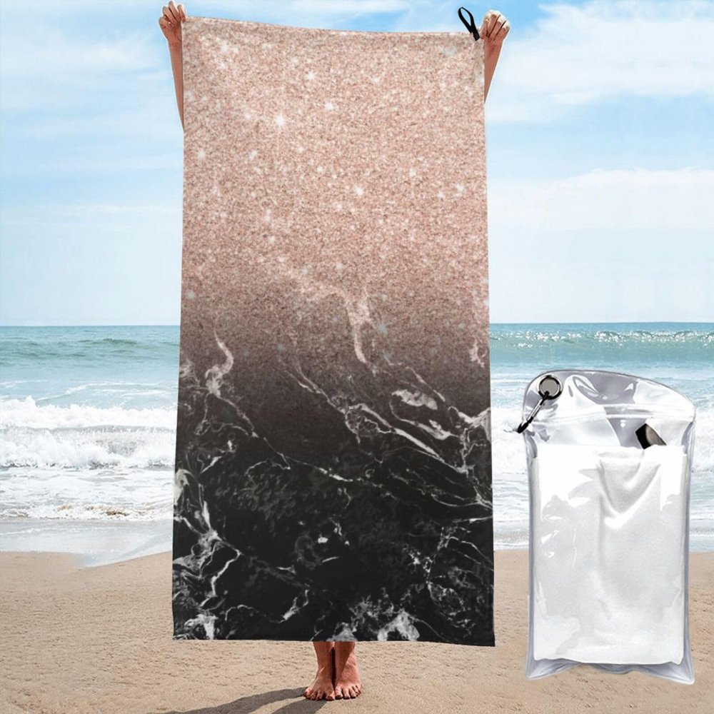 Yssammns Quick Dry Towel, Rose Gold Ombre Black Marble Modern Color Block Microfiber Beach Towel Travel Towel for Sports, Beach, Camping, Picnic, Hiking and Yoga 31.5"x63"