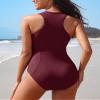 Charmo Tummy Control Swimsuit One Piece Ribbed Button Full Coverage Bathing Suits for Curvy Women Swimwear Burgundy M view 2