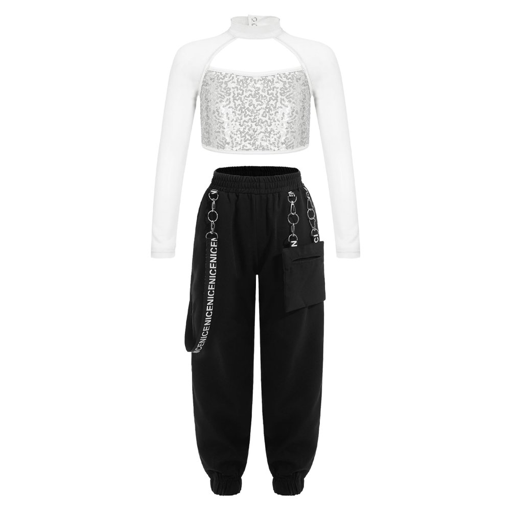 Sinleey Kids Girls 2Pcs Dance Tracksuit Shiny Crop Top with Cargo Pants Outfits for Hip Hop Sports Dancewear Silver 12 Years