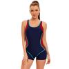 IDOPIP Women's One Piece Athletic Swimsuits Tummy Control Swimsuit Bathing Suit Color Block Sun Protection Rash Guard Surfing Sport Swimwear Racerback Boyleg Training Beachwear Navy Blue + Red 2XL view 3
