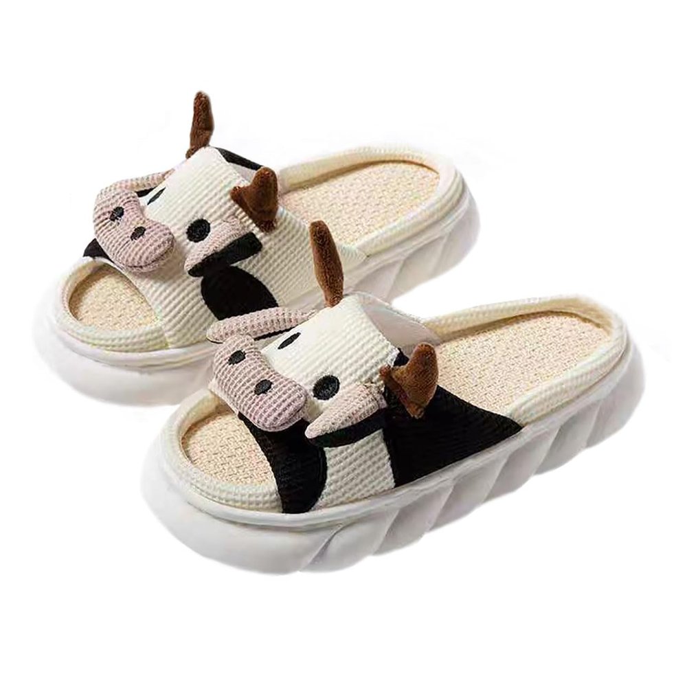 Stone mice Women's cow slippers, cute cartoon frog slippers, all season indoor silent linen slippers (Cows, Adult, Women, 7, Numeric Range, US Footwear Size System, 8, Medium)