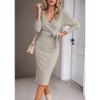 JEKE-DG Women V-Neck Backless Knit Dresses Wrap Batwing Sleeve Slit Belted Dress Elegant with Knit Sweater Dresses (Small,Gray 2) view 4