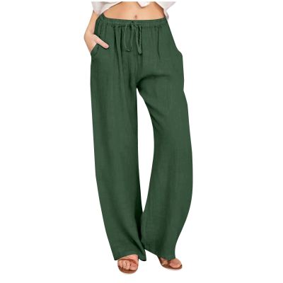 Women's Cropped Drawstring Waist Wide Leg Loose Cotton Linen Capri Pants Casual Lightweight Elastic Waist Loose Wide Leg Linen High Waist Pants Trousers