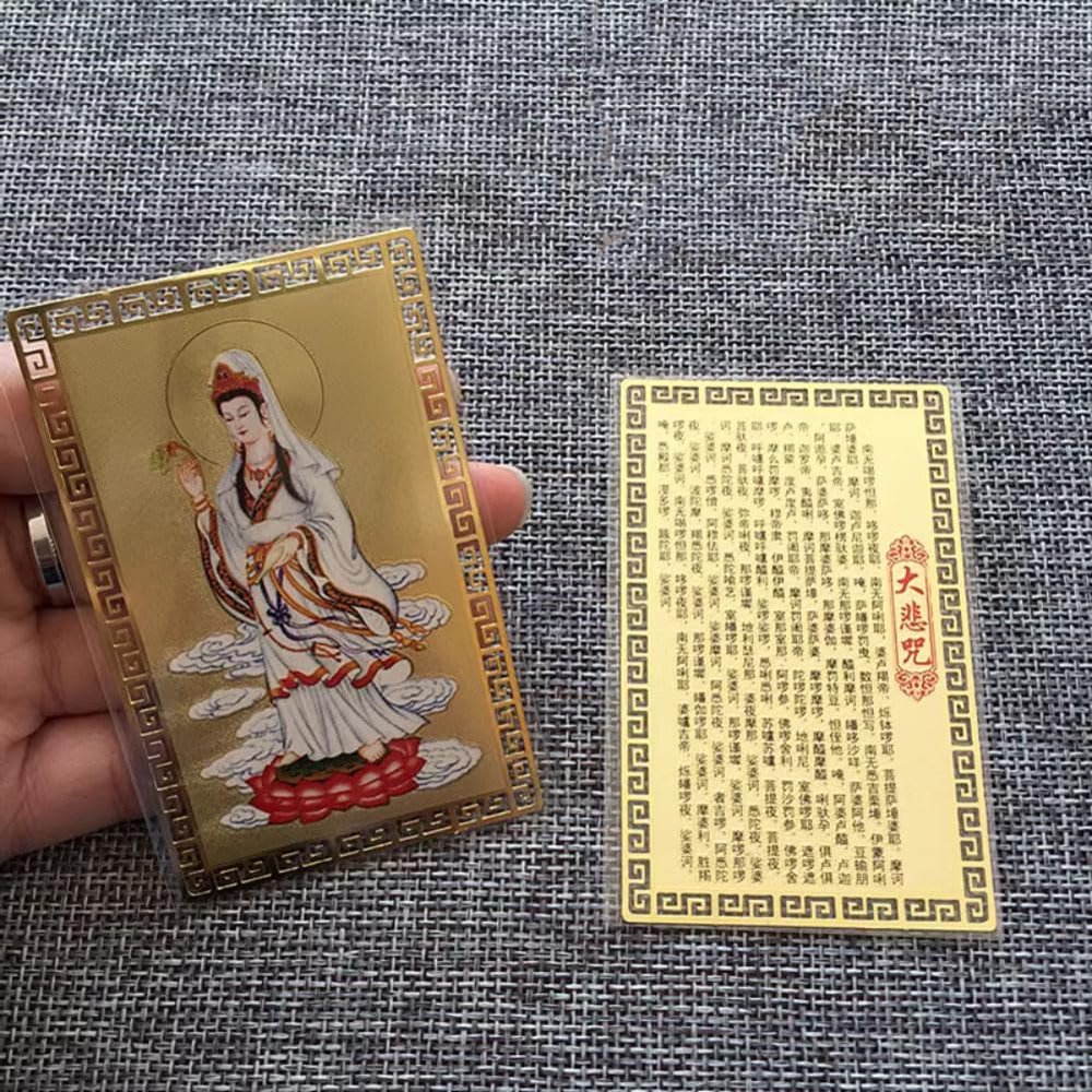 PAYNAN 2pc Guanyin Bodhisattva's Great Compassion Mantra Metal Buddha Card Copper Card, Yellow