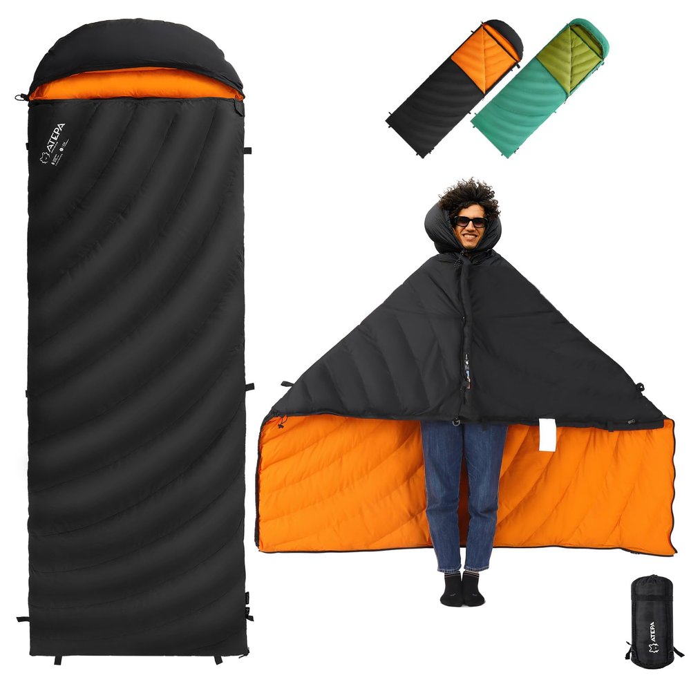 ATEPA Down Sleeping Bag for Adults, 650FP Recycled 35F 45F Wearable Ultralight 3 Season Packable Compact Sleeping Bags with Buttons & Stuff Sack for Backpacking Camping Hiking, Black