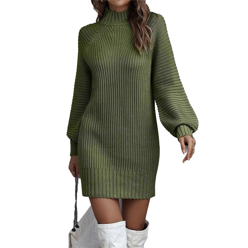 Women's Mock Neck Sweater Dress Long Lantern Sleeve Pullover Dress Casual Ribbed Knit Tunic Dresses (Medium,Green)