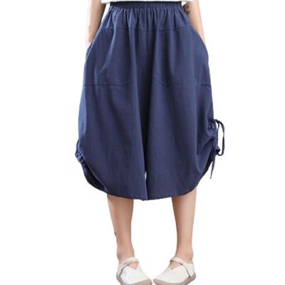Capri Pants for Women, Wide Leg Capris for Women Cotton Casual Comfy Solid Relaxed Fit Culottes Elastic Waist Side Drawstring Lounge Pants Navy