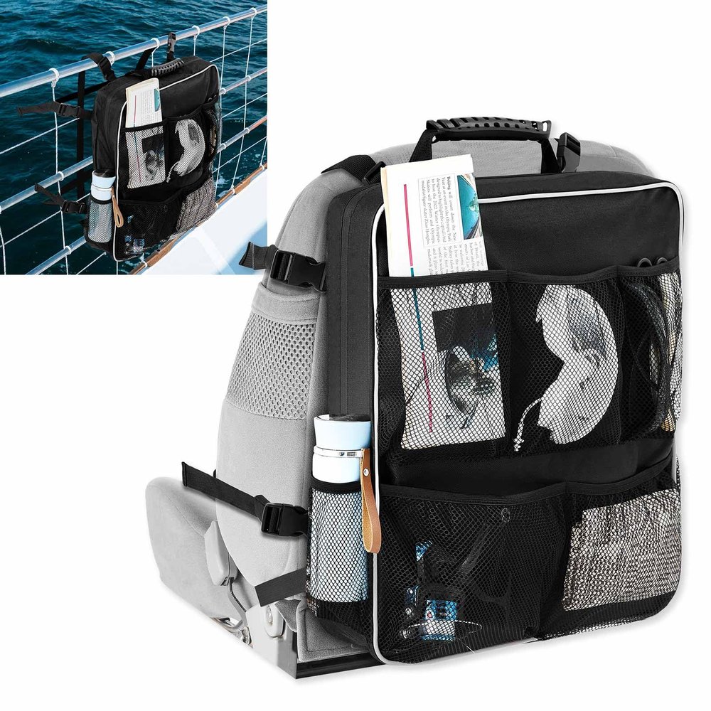 Bulyoou Boat Seat Backpack Boat Backseat Storage Organizer with Mesh Pockets, Handle and Adjustable Back Belt, Waterproof Boat Storage Bag for Swimsuit Boating Accessories, Black(Classic Style)
