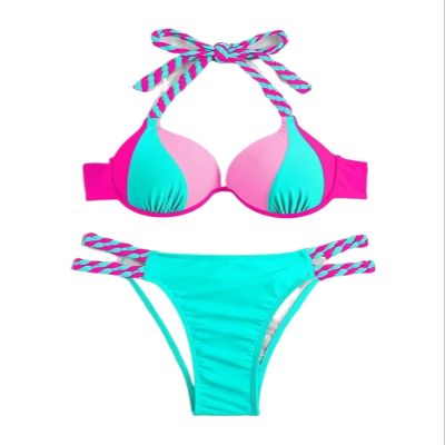 LSCZSLYH Colorblock Halter Push Up Bikini Halter Swimsuit, Women Swimwear Swimming Swim Suit Beachwear (Color : Mint Blue, Size : L)