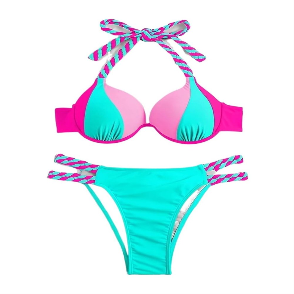 LSCZSLYH Colorblock Halter Push Up Bikini Halter Swimsuit, Women Swimwear Swimming Swim Suit Beachwear (Color : Mint Blue, Size : L)