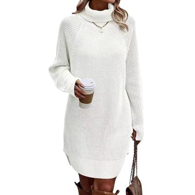 Women Turtleneck Knit Pullover Dress Long Lantern Sleeve Sweater Dress Casual Loose Sweater Pullover Dresses (Medium,White)