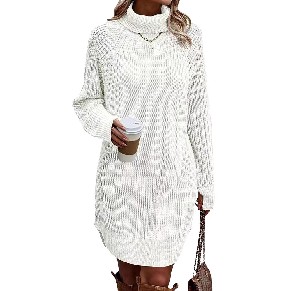 Women Turtleneck Knit Pullover Dress Long Lantern Sleeve Sweater Dress Casual Loose Sweater Pullover Dresses (Medium,White)