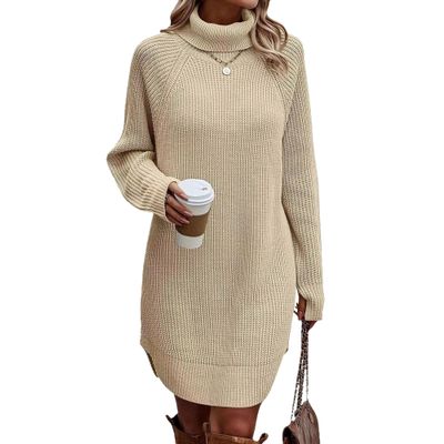 Women Turtleneck Knit Pullover Dress Long Lantern Sleeve Sweater Dress Casual Loose Sweater Pullover Dresses (Large,Apricot)