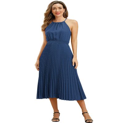 IMEKIS Women Summer Causal Beach Sundress Halter Swiss Dot Pleated Hem A-line Midi Dress Sleeveless Smocked Waist Formal Flowy Dress Navy Blue Small