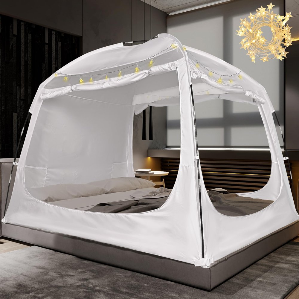 RIYDH Bed Tent Bed Canopy Breathable 100% for Adult and Kids- Original Design Light Reduction 93% Sleeping Dream Tents Indoor Portable Big Space with String Light 3 Doors Twin Full Queen King Size