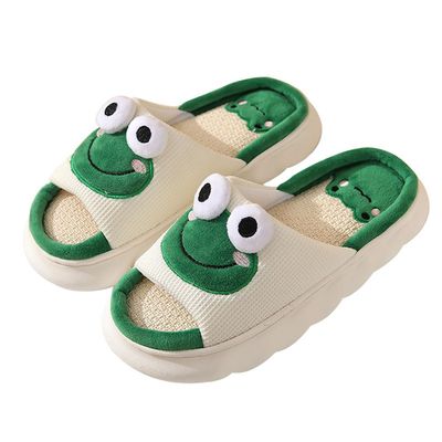 Stone mice Women's cow slippers, cute cartoon frog slippers, all season indoor silent linen slippers (Green, Adult, Women, 9, Numeric Range, US Footwear Size System, 10, Medium)