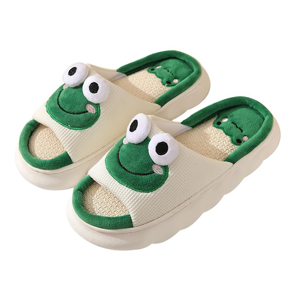 Stone mice Women's cow slippers, cute cartoon frog slippers, all season indoor silent linen slippers (Green, Adult, Women, 9, Numeric Range, US Footwear Size System, 10, Medium)