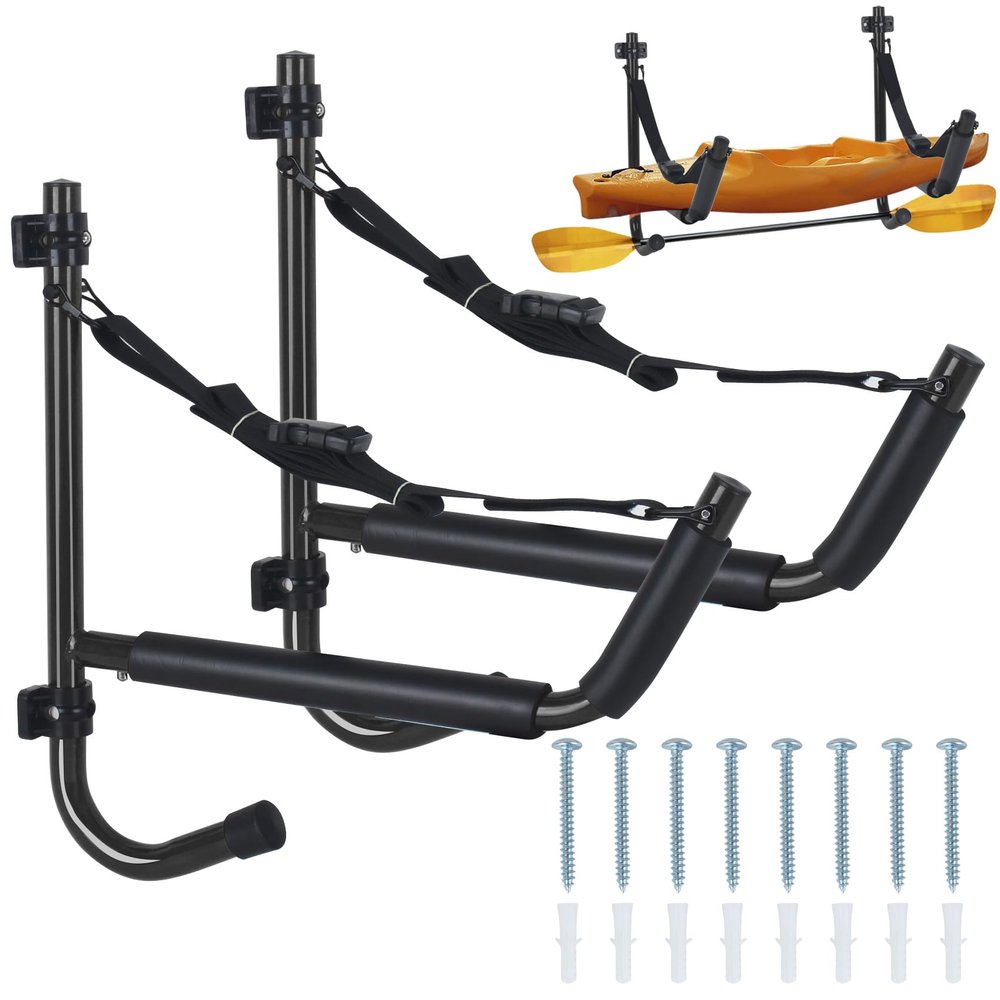 BALAVA Kayak Storage Rack,Kayak Wall Mount,Heavy Duty Kayak Rack for Garage,Folding Kayak Hanger Kayak Hook With Paddle Rack Fixing Strap for Kayaks,Paddle Boards,Surfboards,Snowboards(Black,2pack)