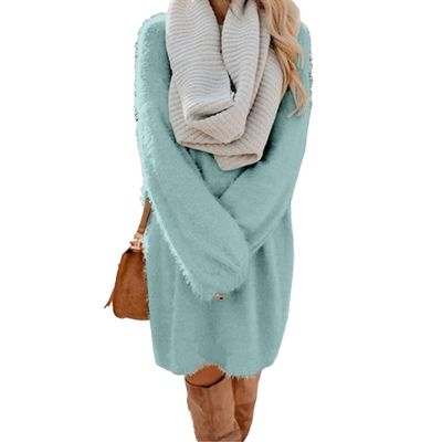 JEKE-DG Women's Furry Pullover Sweater Dress Casual Crewneck Long Sleeve Dress Loose Oversized Knitted Mini Tops (Large,Cyan)