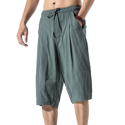 SWJGLITTR Men's Linen Drawstring Capri Cotton Lightweight Loose 3/4 Shorts Casual Elastic Waist Beach Short (Green,Large)