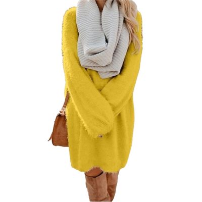 Women's Furry Pullover Sweater Dress Casual Crewneck Long Sleeve Dress Loose Oversized Knitted Mini Tops (X-Large,Yellow)