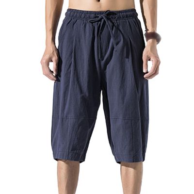 SWJGLITTR Men's Linen Drawstring Capri Cotton Lightweight Loose 3/4 Shorts Casual Elastic Waist Beach Short (Blue,X-Large)