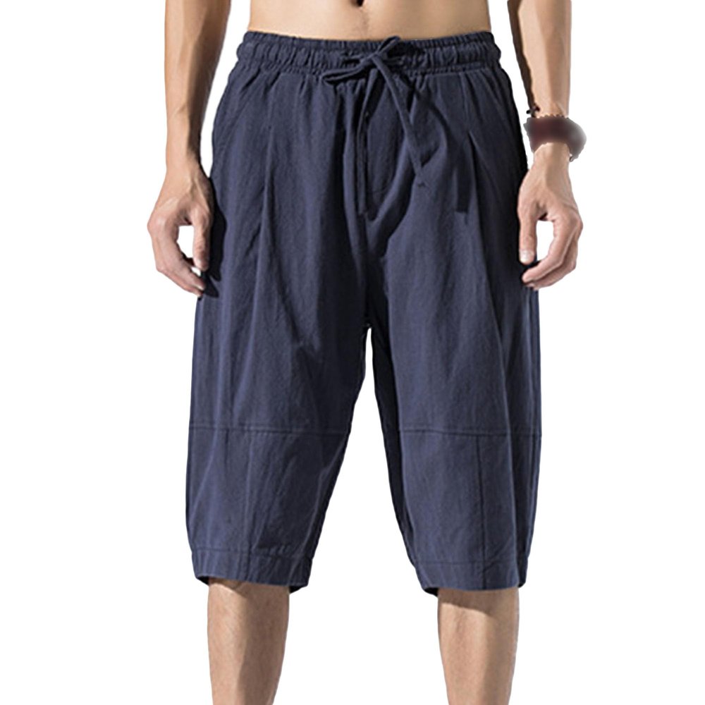 SWJGLITTR Men's Linen Drawstring Capri Cotton Lightweight Loose 3/4 Shorts Casual Elastic Waist Beach Short (Blue,X-Large)
